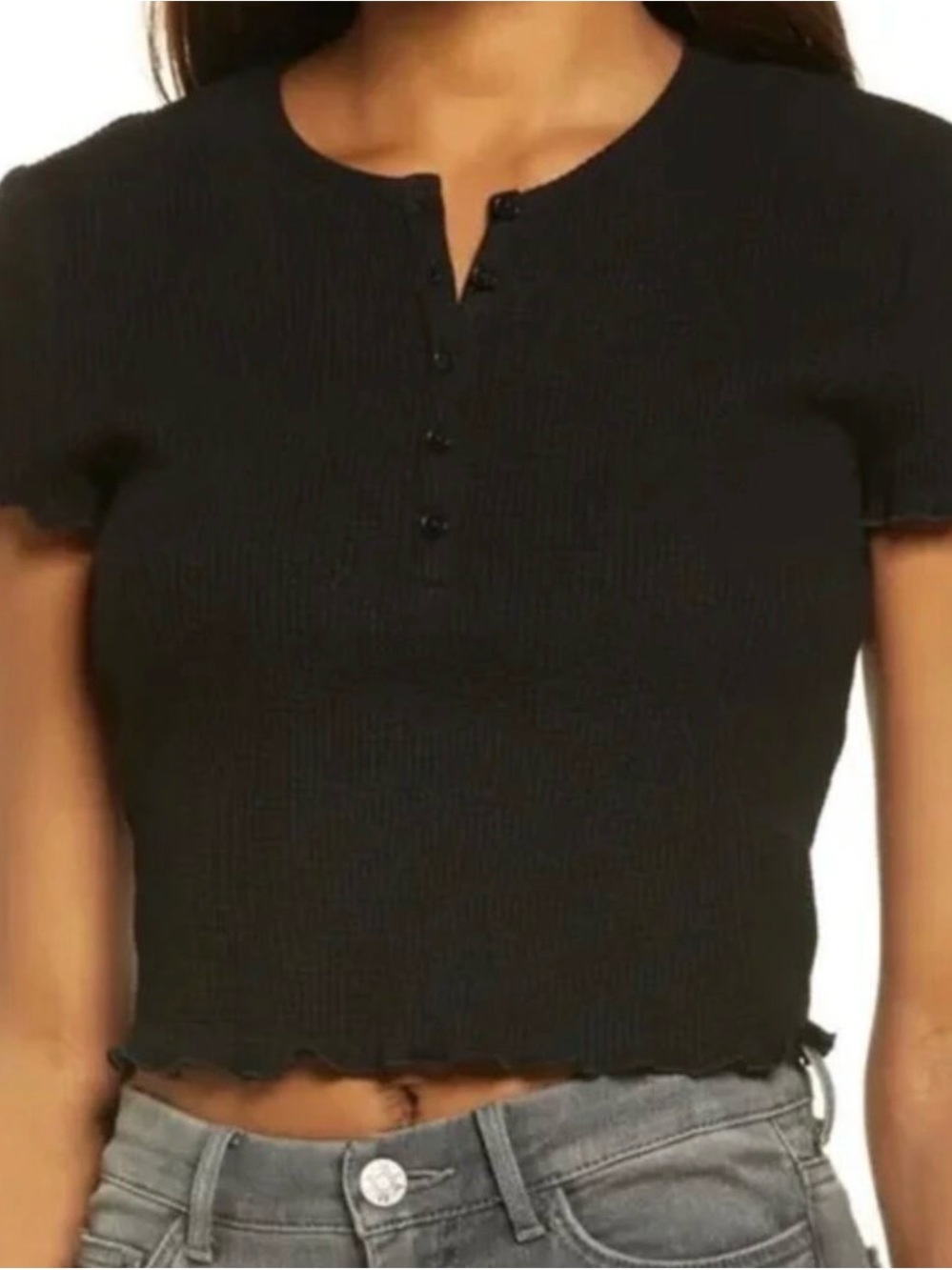 Reformation Laguna Henley Black Waffle Knit Crop Top Lettuce Hem Size M